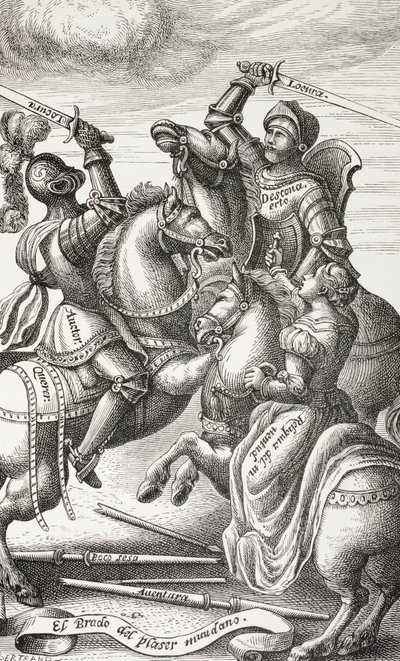 Ridderlighed repræsenteret af allegoriske figurer. Riddere kæmper på hesteryg. Efter et kobberstik fra det 16. århundrede. af Paul Lacroix