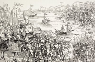 Korsfarere går i land ved Damietta i Egypten i 1249 under det syvende korstog. af Paul Lacroix