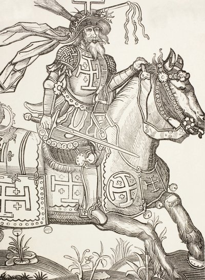 Godfrey af Bouillon, ca. 1060 - 1100, frankisk middelalderridder. En leder af det første korstog. Her ses han kronet med Kristi lidelsesredskaber. Efter et træsnit fra det 15. århundrede. af Paul Lacroix