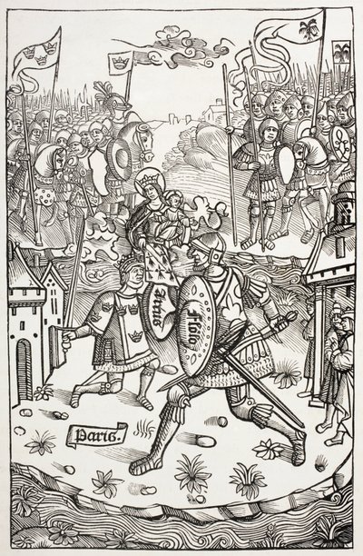 Kong Artus, eller Arthur, beskyttet af jomfruen, kæmper mod en kæmpe. Efter et træsnit i Chroniques De Bretagne af Alain Bouchard, udgivet i 1514. af Paul Lacroix