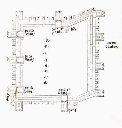Plan over Antiokia i det 13. århundrede med de fem porte. Efter et manuskript fra det 13. århundrede. af Paul Lacroix