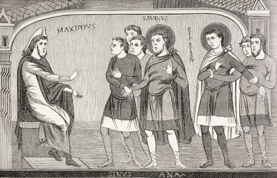 De hellige Savin og Cyprian bekender over for prokonsul Galerius Maximus, at de er kristne. Efter en fresko fra det 11. århundrede i St Savin-kirken i Vienne, Frankrig. af Paul Lacroix