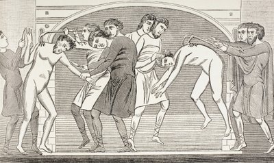 De hellige Savin og Cyprian får revet deres kød af kroppen med jernkroge. Efter en fresko fra det 11. århundrede i St Savin-kirken i Vienne, Frankrig. af Paul Lacroix