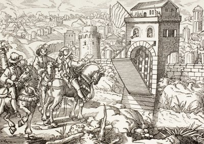 Belejring af en by. Den belejrende hær oplæser betingelserne for, at byen skal overgive sig og åbne portene. af Paul Lacroix
