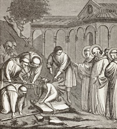 Benedikt og Djævelen. Da Benedikt var ved at bygge et kapel, sad Djævelen på en sten, og ingen kunne flytte ham, før Benedikt velsignede stenen. Så tog djævelen flugten. af Paul Lacroix