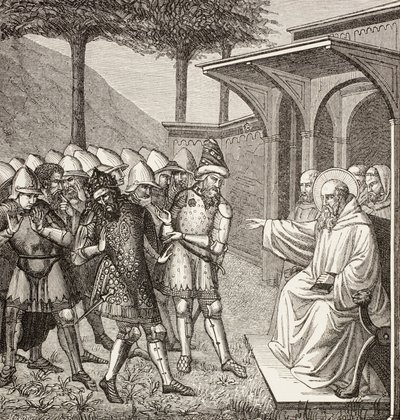 Benedikt af Nursia bebrejder Baduila Aka Totila, ostrogoternes konge, at han har bedraget ham og forudsiger hans død. af Paul Lacroix