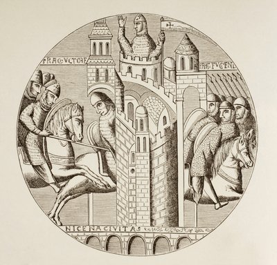 Korsfarernes indtagelse af Nikæa i Tyrkiet i 1097. Efter et vindue i kirken i klosteret St. Denis, som nu er ødelagt. af Paul Lacroix