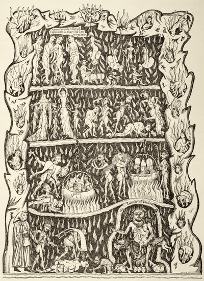 Helvedes pinsler. Fra en miniature i et manuskript fra det 12. århundrede, der blev ødelagt efter en brand i Strasbourgs bibliotek under et preussisk bombardement. af Paul Lacroix