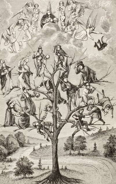 Kampens træ. Allegoriske figurer, der repræsenterer den uenighed, der findes mellem sociale klasser. Efter et manuskript fra det 15. århundrede. af Paul Lacroix