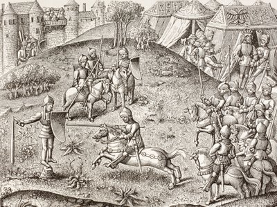 Tilting At A Quintain, The Revolving Effigy Of A Knight. Efter en miniature i Chroniques De Charlemagne fra det 15. århundrede. af Paul Lacroix