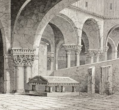 Godfrey De Boullons grav, ca. 1060 - 1100, som den så ud i Den Hellige Gravs Kirke i Jerusalem. Graven er nu ødelagt. Efter en tegning lavet på stedet i 1828. af Paul Lacroix