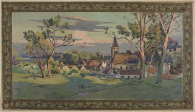 Skitse til rådhuset i Thiais: landsby med kirke, ca. 1902 (olie på lærred) af Paul Léon Felix (attr. to) Schmitt