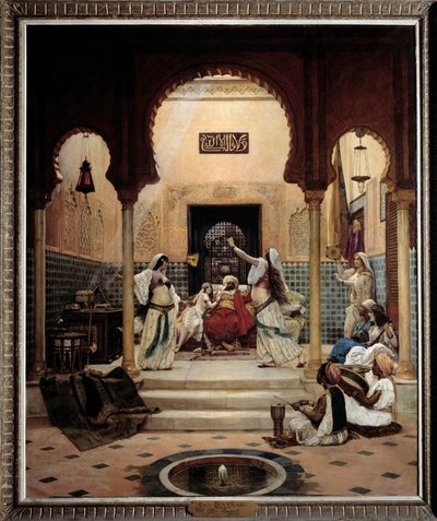De østlige dansere (mave) i et harem distraherer en pasha. Maleri af Paul Bouchard (1853-1937) 1893 søn. 1,6x1,3 m Paris, musee d