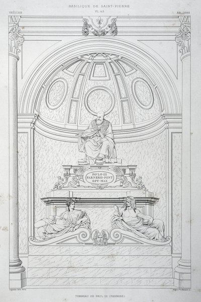 Begravelsesmonument for pave Paul III (Farnese), gravering fra Vatikanet og Peterskirken af Paul Marie Letarouilly