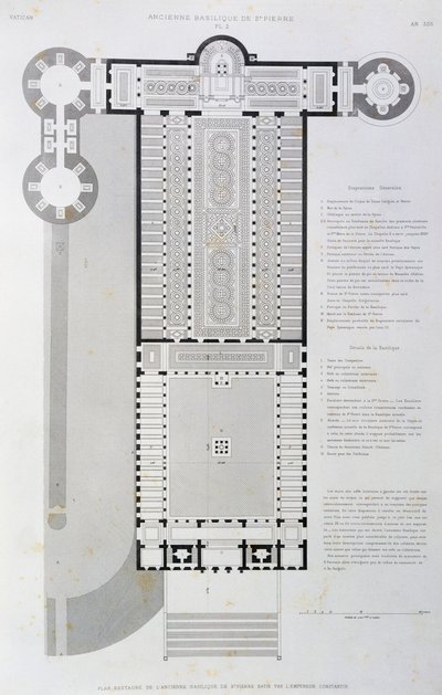 Restaureret layout af den gamle basilika bygget af kejser Konstantin, gravering fra Vatikanet og Peterskirken af Paul Marie Letarouilly