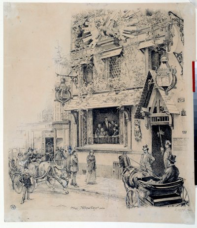 Udsigt over indgangen til Cabaret du Chat Noir. Blæktegning af Paul Merwart (1855-1902) Paris fra det 19. århundrede, Musee Carnavalet af Paul Merwart