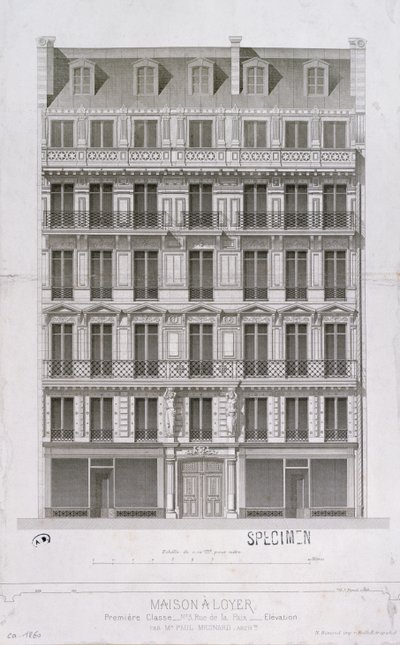 Design til en boligblok i Haussmann-stilen i rue de la Paix, Paris, ca. 1860 af Paul Mesnard