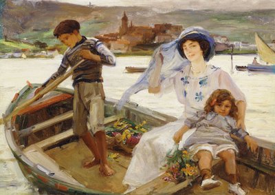 En mor og et barn bliver færget over en flod med en by hinsides af Paul Michel Dupuy