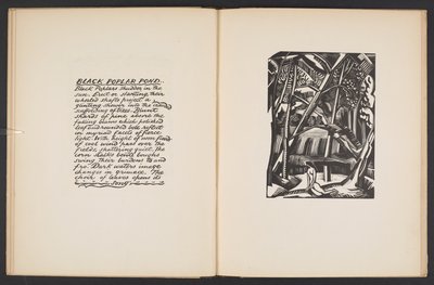 Black Poplar Pond, illustration fra "Places. 7 tryk gengivet fra træblokke designet og graveret af Paul Nash, med illustrationer i prosa". London, William Heinemann af Paul Nash