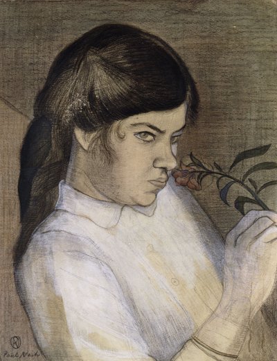 Portræt af Barbara Nash, kunstnerens søster, ca. 1911-12 (blyant, sort og farvet farveblyant, akvarel og kropsfarve he) af Paul Nash