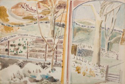 Landskabet gennem vinduet og gennem spejlet af Paul Nash