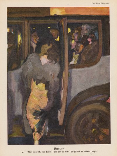 Kvinde sætter sig ind i en bil for at køre hjem efter en aften i byen (farve litho) af Paul Rieth