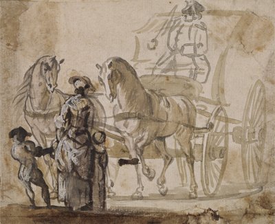 En vogn og et par, med kusk (grå og brun vask forhøjet med hvidt på papir) af Paul Sandby