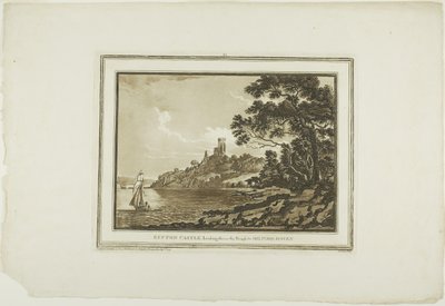 Benton Castle ser ned ad rækkevidden til Milford Haven, fra tolv udsigter i Aquatinta fra tegninger taget på stedet i det sydlige Wales af Paul Sandby