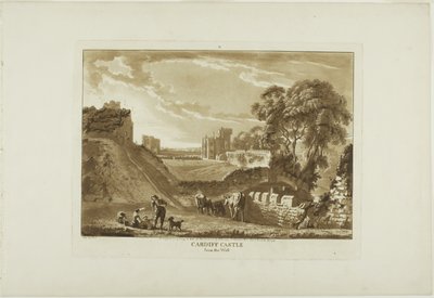 Cardiff Castle fra vest, planche to fra Twelve Views in Wales af Paul Sandby
