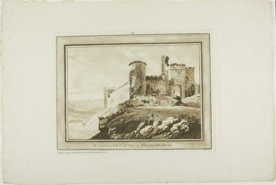 Manerbawr Castle i Pembroke Shire, fra Twelve Views in Aquatinta fra tegninger taget på stedet i det sydlige Wales af Paul Sandby