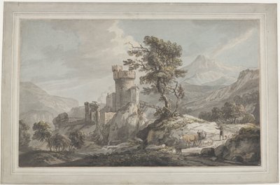 Bjerglandskab med fæstning Bjerglandskab med ruiner, et højt træ og en hyrde med kvæg af Paul Sandby