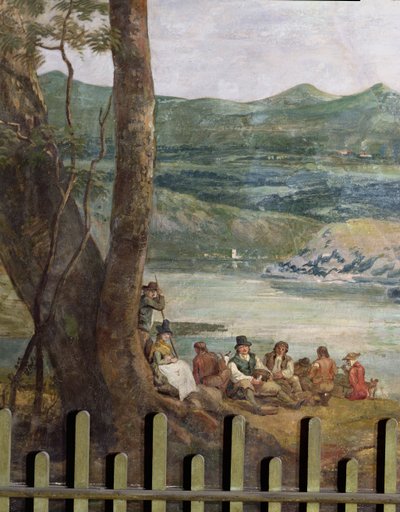 Vægmaleri fra Drakelowe Hall, nr. Burton på Trent. Bønder hviler af Paul Sandby