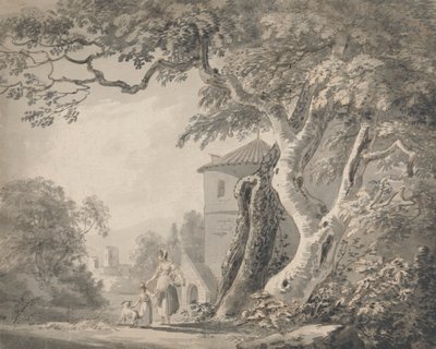 Romantisk landskab med figurer og en hund af Paul Sandby