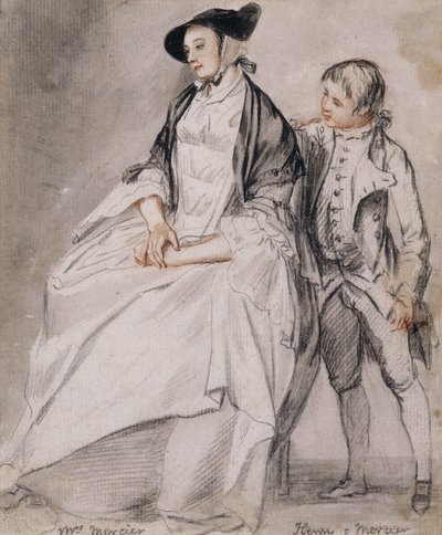Studie af fru Mercier siddende i en stol, og hendes yngste søn, Henry Mercier, der står bag hende, af Paul Sandby