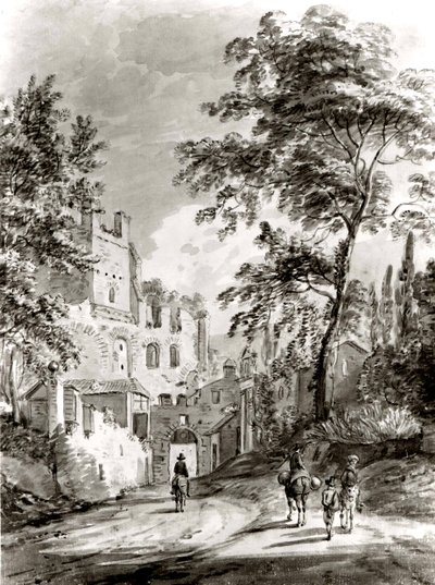Rejsende på vej ind i en by, 1751-1809. af Paul Sandby