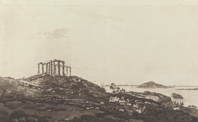 Udsigt i Levanten: ruineret tempel på bakken ved Suninum med udsigt over øerne af Paul Sandby