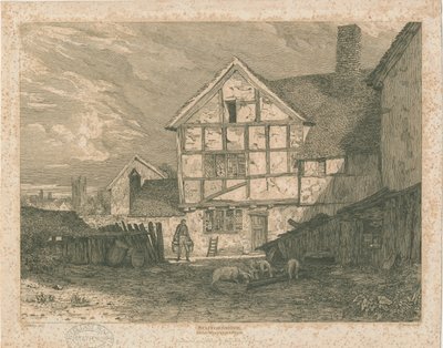 Wolverhampton - Ruiner af et bindingsværkshus: stålgravering, nd [c 1815] af Paul Sandby Munn