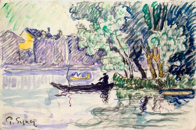 Fisker i en båd i nærheden af en Seine-bank, c1900 af Paul Signac