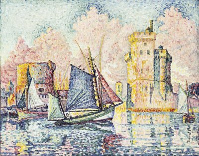 Tunbåd på vej ind i havnen i La Rochelle, omgivelser; Tunbåden anløber havnen i La Rochelle, Couchant, 1927 af Paul Signac
