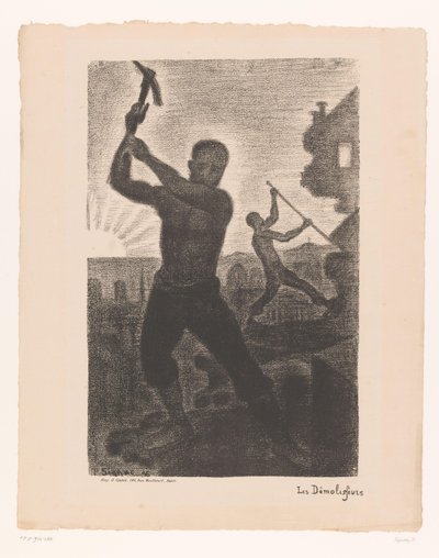 To mænd river en bygning ned Les demolisseurs (titel på objekt) af Paul Signac
