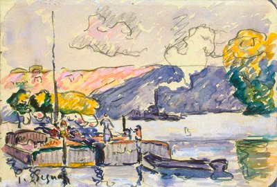 To pramme, båd og slæbebåd i Samois, c1900. af Paul Signac