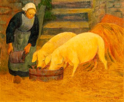 En ung pige fodrer to grise, 1889 af Paul Sérusier