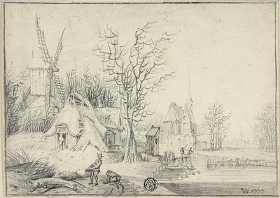 Landsby med vindmølle og kirke af Paul Theodor van Brussel
