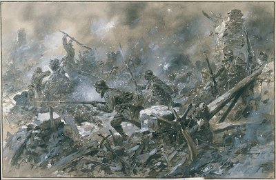 Første Verdenskrig (1914-1918): "" Et modangreb i landsbyen Vaux i 1916 på forsiden af Verdun""" Akvarel af Paul Thiriat Paris. Musee, Des deux guerre mondiale DR - Fransk modangreb ved landsbyen Vaux nær Verdun af Paul Thiriat