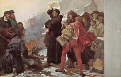 Martin Luther brændte den pavelige tyr og truede ham med ekskommunikation foran Elstertor i Wittenberg, Tyskland, 10. december 1520 af Friedrich Paul Thumann
