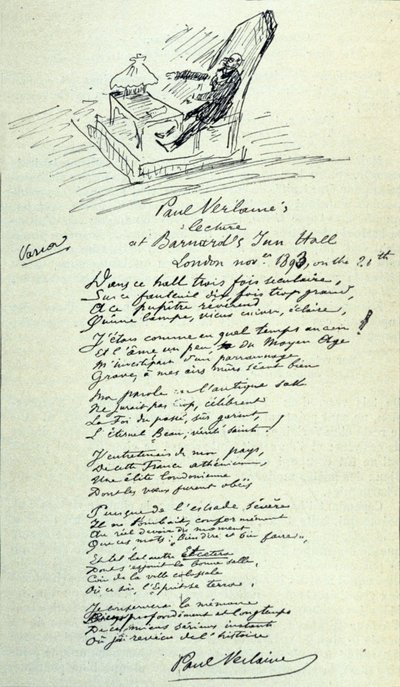 Digttegn af den franske digter Paul Verlaine (1844-1896) med skitse af repræsentanten under en oplæsning. 21/11/1893 af Paul Verlaine