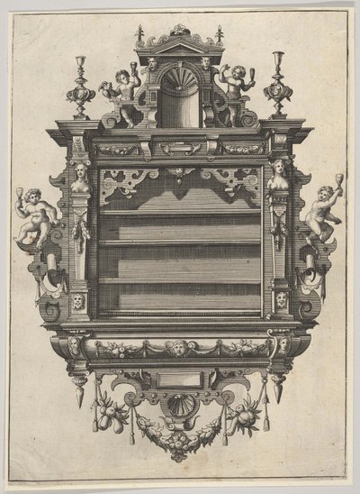 Vægmonteret hylde fra Verscheyden Schrynwerck ... [Plusieurs Menuiseries ...], 1658. af Paul Vredeman de Vries
