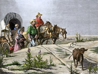 Historien om nybyggerne i West Conquete: Amerikanske pionerer. "Arkansas pelerins" - en familie krydser de store sletter i en diligence. Farverigt kobberstik fra det 19. århundrede. af Paul and Tavernier Jules (1844-99) Frenzeny
