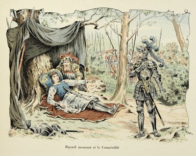Illustration taget fra bogen "Histoire du chevalier Bayard" af Theodore Cahu, illustreret af Paul De Semant (1855-1915): Bayard dying and Le Connetable de Bourbon 1524 af Paul de Semant