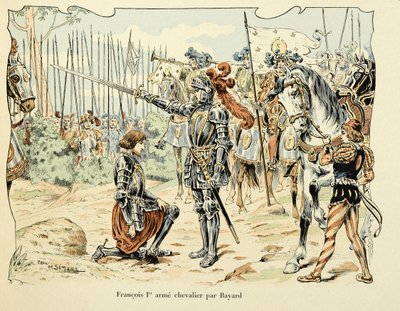 Illustration taget fra bogen "Histoire du chevalier Bayard" af Theodore Cahu, illustreret af Paul De Semant (1855-1915): Francois 1, er arme chevalier par Bayard 1515 af Paul de Semant